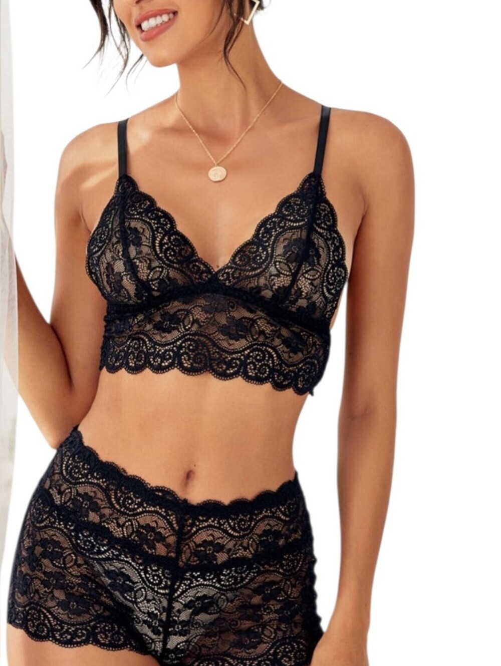 Black Stretch Lace Bralette & PantyShorts Set - Women Intimates Small New